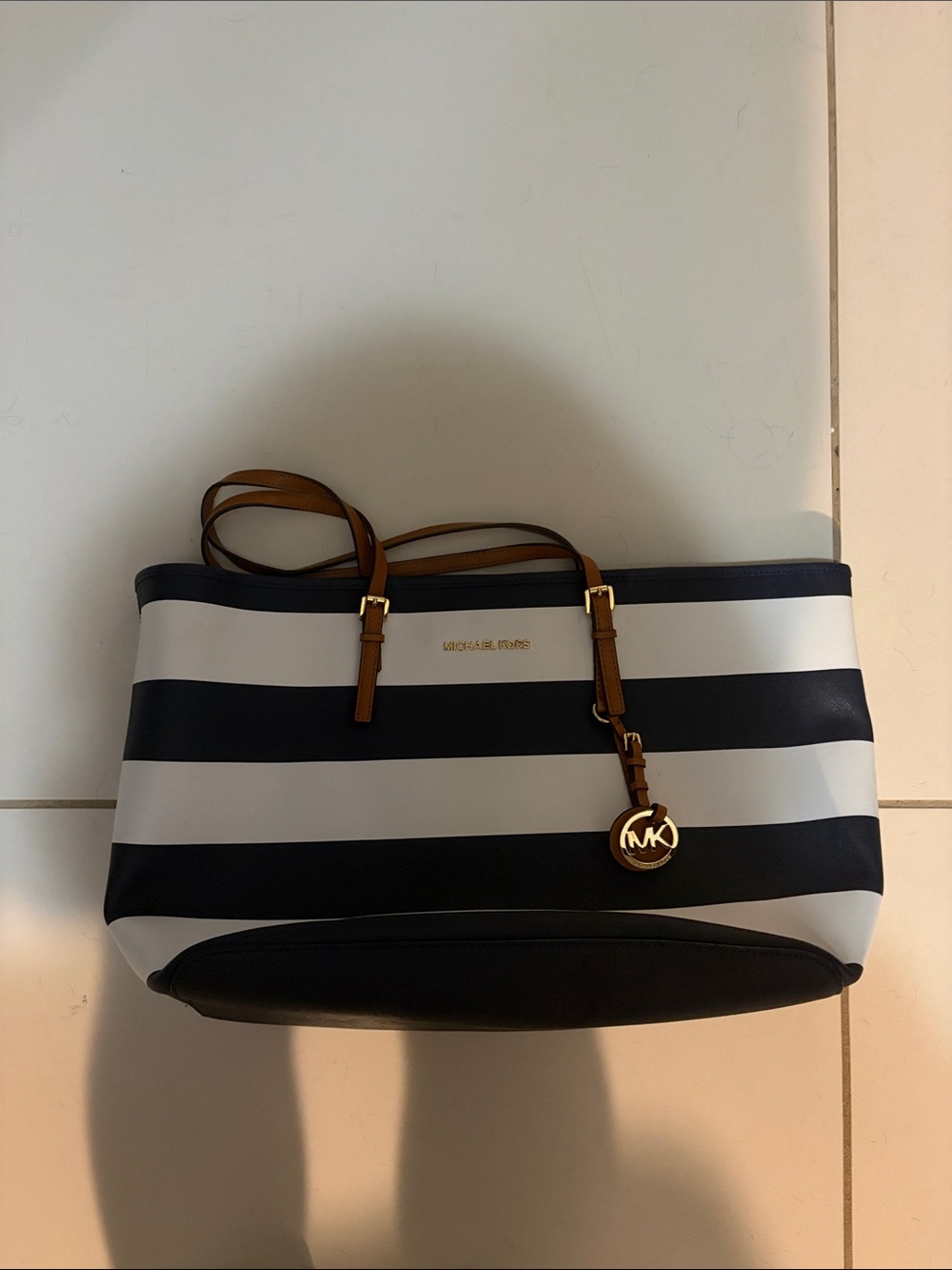 Michael Kors Navy and White Striped Tote with Brown Trim